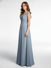 Robe Longue à Hors de l'Épaule et Col en V avec Poches Bleu Poudré