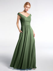 Robe Longue à Hors de l'Épaule et Col en V avec Poches Olive Verte