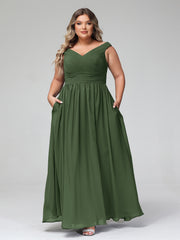 Robe Longue à Hors de l'Épaule et Col en V avec Poches Olive Verte Grande Taille