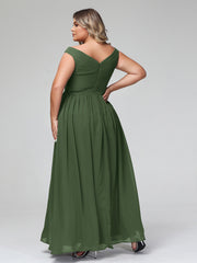 Robe Longue à Hors de l'Épaule et Col en V avec Poches Olive Verte Grande Taille