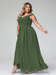 Robe Longue à Hors de l'Épaule et Col en V avec Poches Olive Verte Grande Taille