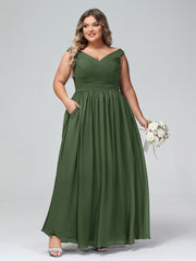 Robe Longue à Hors de l'Épaule et Col en V avec Poches Olive Verte Grande Taille