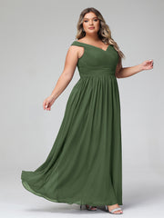 Robe Longue à Hors de l'Épaule et Col en V avec Poches Olive Verte Grande Taille