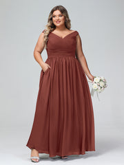 Robe Longue à Hors de l'Épaule et Col en V avec Poches terracotta Grande Taille