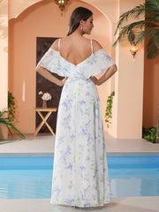 Robe Longueur au Sol en Mousseline avec Volants à Col en V Lavande Florale