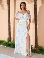 Robe Longueur au Sol en Mousseline avec Volants à Col en V Lavande Florale