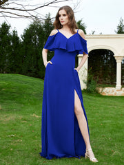 Robe Longue de A-ligne Hors de l'épaule en Mousseline Bleu Royale
