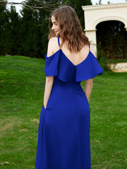 Robe Longue de A-ligne Hors de l'épaule en Mousseline Bleu Royale