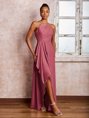 Robe en Mousseline à Bretelles Croisées et à Volants avec Col Licou Cannelle Rose