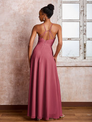 Robe en Mousseline à Bretelles Croisées et à Volants avec Col Licou Cannelle Rose