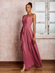 Robe en Mousseline à Bretelles Croisées et à Volants avec Col Licou Cannelle Rose