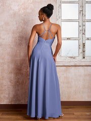 Robe en Mousseline à Bretelles Croisées et à Volants avec Col Licou Pervenche