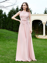 Robe Appliquée de A-ligne en Mousseline et Dentelle Rose Poudré Grande Taille
