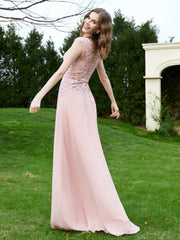 Robe Appliquée de A-ligne en Mousseline et Dentelle Rose Poudré Grande Taille