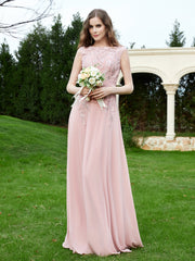 Robe Appliquée de A-ligne en Mousseline et Dentelle Rose Poudré