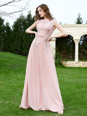 Robe Appliquée de A-ligne en Mousseline et Dentelle Rose Poudré Grande Taille