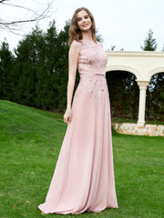 Robe Appliquée de A-ligne en Mousseline et Dentelle Rose Poudré