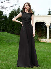 Robe Appliquée de A-ligne en Mousseline et Dentelle Noir Grande Taille