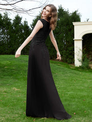 Robe Appliquée de A-ligne en Mousseline et Dentelle Noir