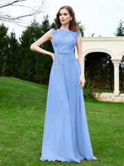 Robe Appliquée de A-ligne en Mousseline et Dentelle Bleu Grande Taille