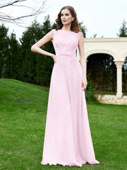 Robe Appliquée de A-ligne en Mousseline et Dentelle Rose Pâle Grande Taille