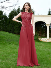 Robe Appliquée de A-ligne en Mousseline et Dentelle Bordeaux