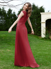 Robe Appliquée de A-ligne en Mousseline et Dentelle Bordeaux Grande Taille
