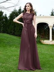 Robe Appliquée de A-ligne en Mousseline et Dentelle Cabernet