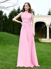 Robe Appliquée de A-ligne en Mousseline et Dentelle Rose Bonbon Grande Taille