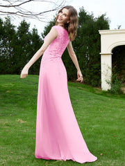 Robe Appliquée de A-ligne en Mousseline et Dentelle Rose Bonbon Grande Taille