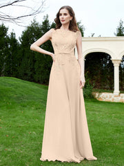 Robe Appliquée de A-ligne en Mousseline et Dentelle Champagne