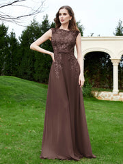 Robe Appliquée de A-ligne en Mousseline et Dentelle Chocolat Grande Taille