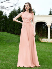 Robe Appliquée de A-ligne en Mousseline et Dentelle Corail