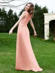 Robe Appliquée de A-ligne en Mousseline et Dentelle Corail Grande Taille
