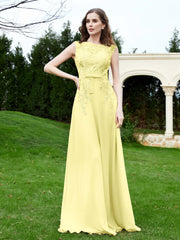 Robe Appliquée de A-ligne en Mousseline et Dentelle Jonquille