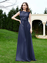 Robe Appliquée de A-ligne en Mousseline et Dentelle Bleu Marine Grande Taille