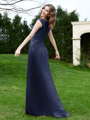 Robe Appliquée de A-ligne en Mousseline et Dentelle Bleu Marine Grande Taille
