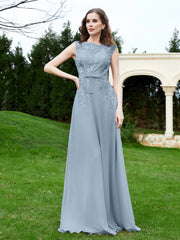 Robe Appliquée de A-ligne en Mousseline et Dentelle Bleu Poudré