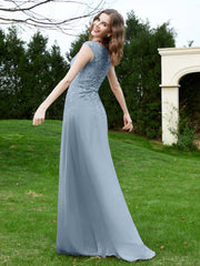 Robe Appliquée de A-ligne en Mousseline et Dentelle Bleu Poudré Grande Taille