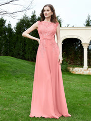 Robe Appliquée de A-ligne en Mousseline et Dentelle Flamant