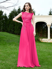 Robe Appliquée de A-ligne en Mousseline et Dentelle Fuchsia