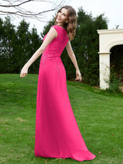 Robe Appliquée de A-ligne en Mousseline et Dentelle Fuchsia Grande Taille