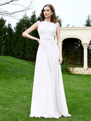 Robe Appliquée de A-ligne en Mousseline et Dentelle Blanc