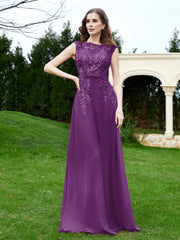 Robe Appliquée de A-ligne en Mousseline et Dentelle Raisin
