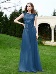 Robe Appliquée de A-ligne en Mousseline et Dentelle Bleu Encre Grande Taille