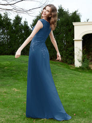 Robe Appliquée de A-ligne en Mousseline et Dentelle Bleu Encre Grande Taille