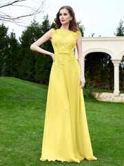 Robe Appliquée de A-ligne en Mousseline et Dentelle Citron