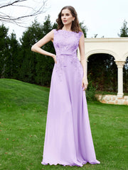 Robe Appliquée de A-ligne en Mousseline et Dentelle Lilas Grande Taille