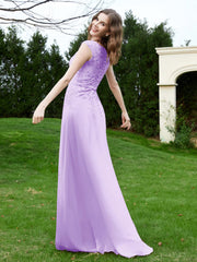 Robe Appliquée de A-ligne en Mousseline et Dentelle Lilas Grande Taille