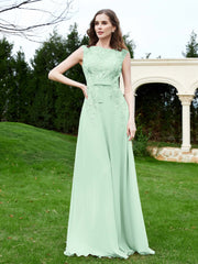 Robe Appliquée de A-ligne en Mousseline et Dentelle Vert Menthe